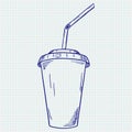 Plastic cup with drinking straw. Takeaway drink. Hand drawn sketch Royalty Free Stock Photo