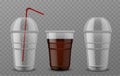 Plastic cup with sphere dome cap. Empty transparent disposable cups, takeaway container for cola, mojito 3d realistic