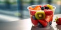 Plastic cup with strawberry,blueberry,mango, papaya and melon on cafeteria table.Macro.AI Generative Royalty Free Stock Photo