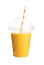 Plastic cup of tasty mango smoothie on white background Royalty Free Stock Photo