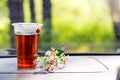 Plastic Cup of tea with a berry and a sprig of oregano on the car panel.