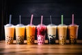 Plastic cups of different tasty bubble tea. Row of fresh boba bubble tea glasses. Generative AI Royalty Free Stock Photo
