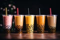 Plastic cups of different tasty bubble tea. Row of fresh boba bubble tea glasses. Generative AI Royalty Free Stock Photo