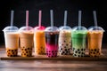 Plastic cups of different tasty bubble tea. Row of fresh boba bubble tea glasses. Generative AI Royalty Free Stock Photo