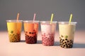 Plastic cups of different tasty bubble tea. Row of fresh boba bubble tea glasses. Generative AI Royalty Free Stock Photo