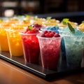 Plastic cups hold frozen fruit slushies, aligned in a colorful, frosty row Royalty Free Stock Photo