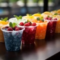 Plastic cups hold frozen fruit slushies, aligned in a colorful, frosty row Royalty Free Stock Photo