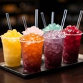 Plastic cups hold frozen fruit slushies, aligned in a colorful, frosty row Royalty Free Stock Photo