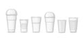 Plastic cups. Realistic transparent coffee juice and beverage containers mockup. Vector design templates isolated on