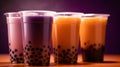 Plastic cups of tasty bubble tea on purple background, generative ai