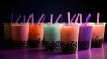 Plastic cups of tasty bubble tea on purple background, generative ai