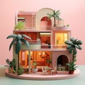 Plastic cute pink dollhouse with palms