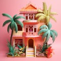 Plastic cute pink dollhouse with palms