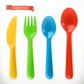 Plastic cutlery. Kids food. 3d vector icon set