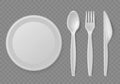 Plastic cutlery. Realistic disposable serving kitchen utensil, plate and spoon, fork and knife, picnic tableware Royalty Free Stock Photo