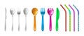 Plastic cutlery and straws. Drink straw, colorful reusable fork knife spoon. Cafe restaurant bar equipment, isolated