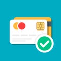 Plastic debit or credit card with a payment approved icon. Bank card. E-commerce. Vector illustration isolated on color Royalty Free Stock Photo