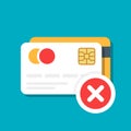 Plastic debit or credit card with a payment rejection icon. Bank card. E-commerce. Vector illustration isolated on color