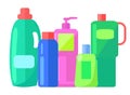 Plastic detergent bottles set. Household chemical containers plastic bottle pack on white background Royalty Free Stock Photo