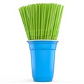 Plastic disposable party cup for coffee or fresh with heap straw on white.