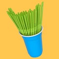 Plastic disposable party cup for coffee or fresh with heap straw on yellow.