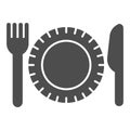 Plastic disposable tableware solid icon, picnic concept, plate with fork and knife sign on white background, Paper Royalty Free Stock Photo