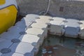 Plastic Dock blue in the sea. Pontoon bridge for swimming. Close-up showing detail of Plastic floating walk way that floating in Royalty Free Stock Photo