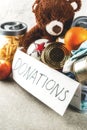 Donation box with toys, clothes and food