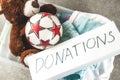 Donation box with toys, clothes and food