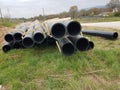 Plastic drainage pipes  pile connecting each other by the road Royalty Free Stock Photo