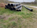 Plastic drainage pipes  pile connecting each other by the road Royalty Free Stock Photo