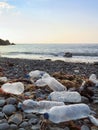 Plastic drinking bottles washed on the atlantic shoreline or beach polluting the environment in northern spain