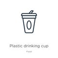 Plastic drinking cup icon. Thin linear plastic drinking cup outline icon isolated on white background from food collection. Line Royalty Free Stock Photo