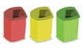 Green Yellow and Red Plastic Dustbin or Trash Can in Public Park.