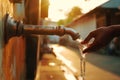 Plastic Faucet In The Street With Water Pouring Into Your Hand Closeup. Access To Clean Water For The Poor.. Generative AI