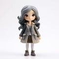 Resin Anime Girl Figurine With Gray Coat And Long Hair