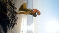 Plastic figure young people love girl guy hugging sand beach sea coast Vertical