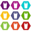 Plastic flip lid bin icon set color hexahedron