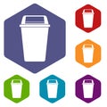 Plastic flip lid bin icons set hexagon