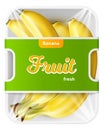 Plastic food box with yellow bananas. Realistic retail container top view. Blank label. Fruit bunch. Supermarket Royalty Free Stock Photo