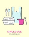 Plastic food container, bag, cup, spoon, fork, stirrer. Single-use white plastic cutlery vector illustration set.