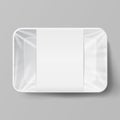 Plastic Food Container With Label. White Empty Blank Styrofoam Plastic Food Tray Container. Mock Up Template. Vector Realistic Ill Royalty Free Stock Photo