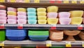 Plastic food containers on a shelf in a supermarket Royalty Free Stock Photo