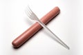 A plastic fork lies crosswise on a hot dog sausage. Ban plastic dishes. The concept of fast food, GMOs, hunger or lack of food.