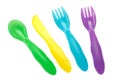 Plastic forks, spoon and knife of different colors Royalty Free Stock Photo