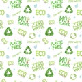 Plastic free Green Zero waste icon seamless pattern. Watercolor hand drawn illustration on white background. Ecological