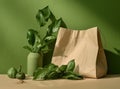 Plastic free set with cotton bag, glass jar, green leaves and recycled tableware top view. Zero waste, eco friendly Royalty Free Stock Photo