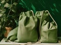 Plastic free set with cotton bag, glass jar, green leaves and recycled tableware top view. Zero waste, eco friendly Royalty Free Stock Photo