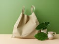 Plastic free set with cotton bag, glass jar, green leaves and recycled tableware top view. Zero waste, eco friendly Royalty Free Stock Photo