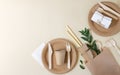 Plastic free and zero waste concept. Disposable paper tableware cups, plates, wooden forks, knives, spoons and bamboo straws on Royalty Free Stock Photo